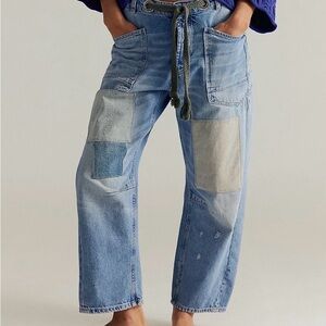We The Free Patchwork Moxie Low Slung Pull -On Barrel Jeans - Blue and Gray